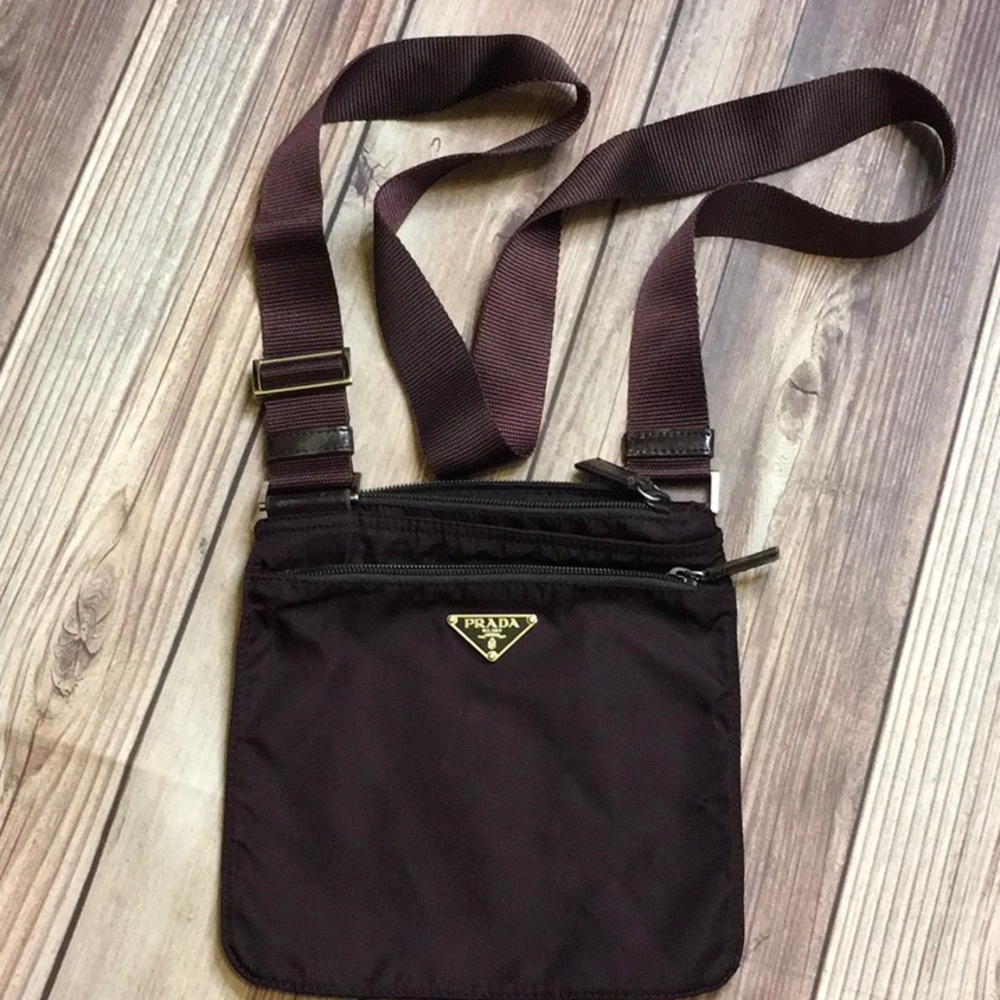 Vintage Authentic Prada Tessuto Nylon Crossbody Bag in Dark Plum/Brown